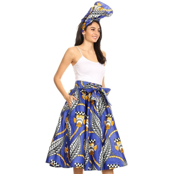 Sakkas Celine African Dutch Ankara Wax Print Full Circle Skirt - 19-BlueMulti - One Size Regular