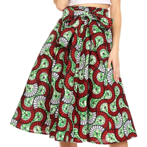 Sakkas Celine African Dutch Ankara Wax Print Full Circle Skirt - 55R-RedGreenMulti - One Size Regular
