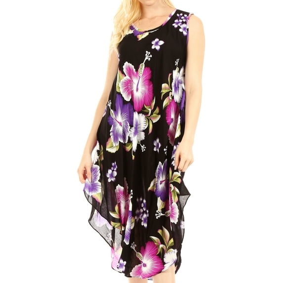 Sakkas Clara Women's Casual Summer Sleeveless Sundress Loose Floral Print Dress - B-Purple - One Size