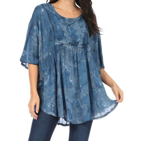 Sakkas Cleeo Long Wide Tie Dye Lace Embroidered Sequin Poncho Blouse Top Cover Up - Ink Blue - One Size