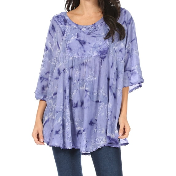 Sakkas Cleeo Long Wide Tie Dye Lace Embroidered Sequin Poncho Blouse Top Cover Up - Periwinkle - One Size
