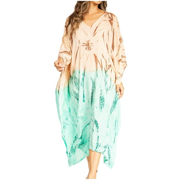 Sakkas Clementine Third Women's Tie Dye Caftan Dress/Cover Up Beach Kaftan Summer - 44-MintBrown - One Size