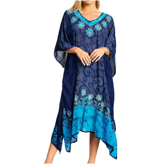 Sakkas Clementine Women's Tie Dye Caftan Dress/Cover Up Beach Kaftan Boho Summer - 35-NavyTurquoise - One Size