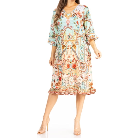 Sakkas Cocktail Full Sleeve V Neck Floral Printed Midi Dress (Women's)