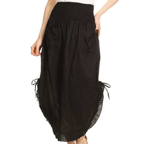 Sakkas Coco Long Cotton Ruffle Skirt with Pockets and Elastic Waistband - Black - One Size Regular