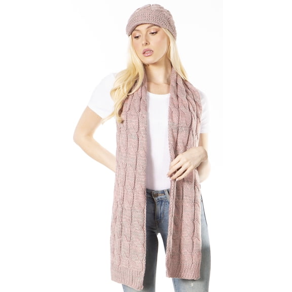 Sakkas Coline Soft Heather Chunky Cable knit Hat and Scarf Set Warm Cozy Winter - Pink / Grey - One Size Regular