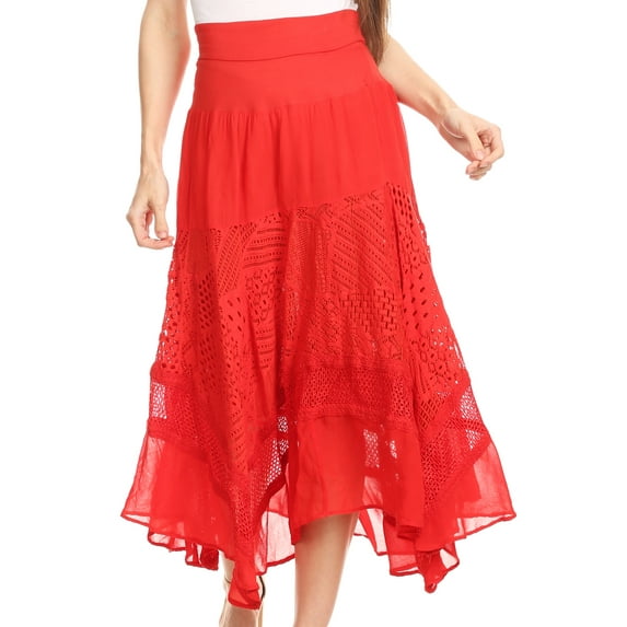 Sakkas Collina Boho Gypsy Dance Casual Lace Skirt Santorini Travel Summer - Red - XL