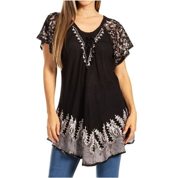 Sakkas Cora Relaxed Fit Batik Design Embroidery Cap Sleeves Blouse / Top - Black / Grey - Plus Size