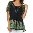 thumbnail image 1 of Sakkas Cora Relaxed Fit Batik Design Embroidery Cap Sleeves Blouse / Top - Navy / Green - Plus Size, 1 of 5