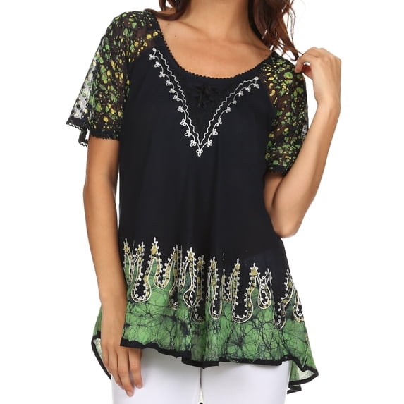 Sakkas Cora Relaxed Fit Batik Design Embroidery Cap Sleeves Blouse / Top - Navy / Green - Plus Size