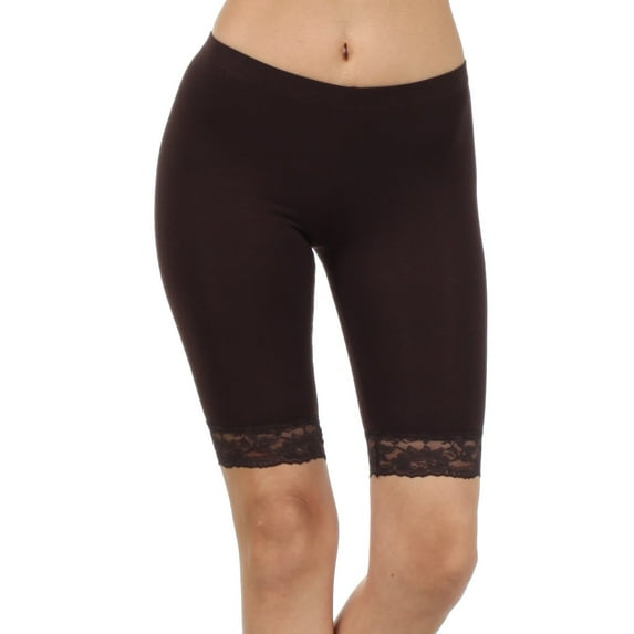 Sakkas Cotton Blend Lace Trim Stretch Bike Shorts - Made in USA - Brown - Medium