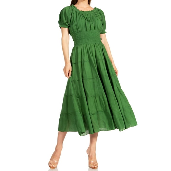 Sakkas Cotton Crepe Smocked Peasant Gypsy Boho Renaissance Mid Length Dress - A-ForestGreen - One Size