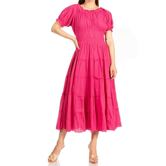 Sakkas Cotton Crepe Smocked Peasant Gypsy Boho Renaissance Mid Length Dress - A-Orchid - One Size