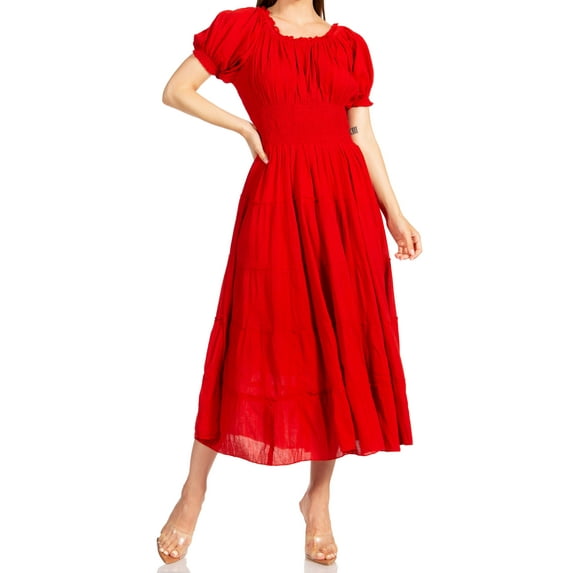 Sakkas Cotton Crepe Smocked Peasant Gypsy Boho Renaissance Mid Length Dress - A-Red - One Size
