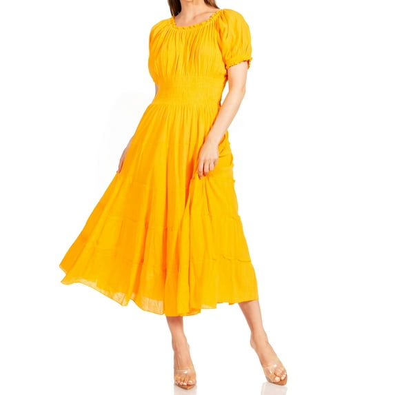 Sakkas Cotton Crepe Smocked Peasant Gypsy Boho Renaissance Mid Length Dress - P-Tangerine - One Size