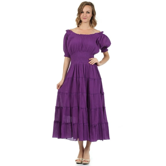 Sakkas Cotton Crepe Smocked Peasant Gypsy Boho Renaissance Mid Length Dress - Purple - One Size