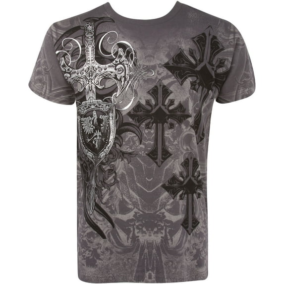 Sakkas Cross, Sword and Shield Metallic Cotton Mens T-Shirt - Charcoal - XX-Large