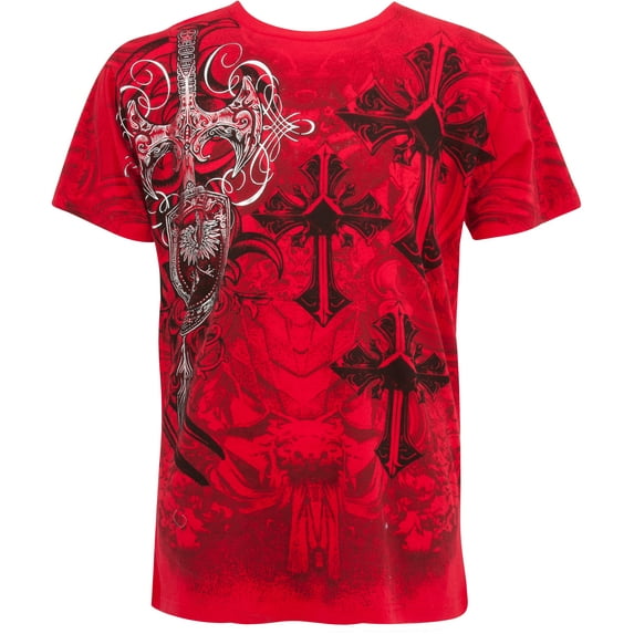 Sakkas Cross, Sword and Shield Metallic Cotton Mens T-Shirt - Red - X-Large