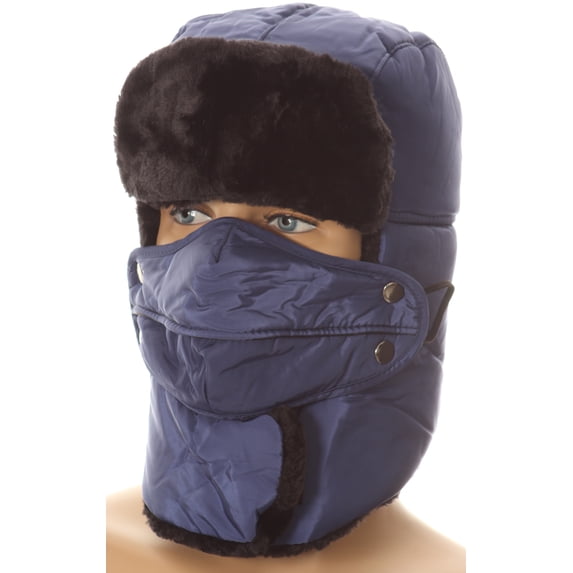 Sakkas Dab Unisex Faux Fur Chin Strap Removable Face Mask Winter Cold Trooper Hat - Navy - One Size Regular
