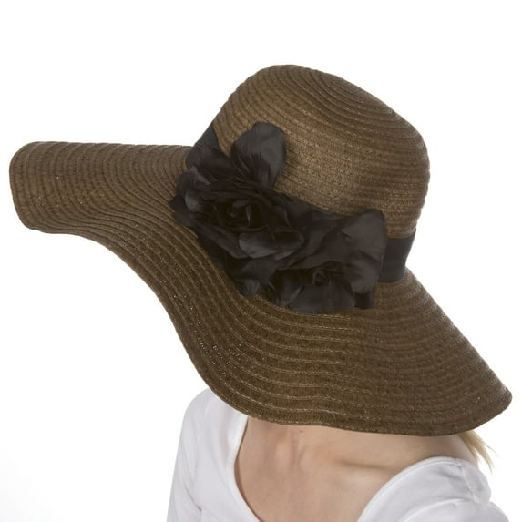 Sakkas Daisy UPF 50+ 100% Paper Straw Flower Accent Wide Brim Floppy Hat - Brown - One Size