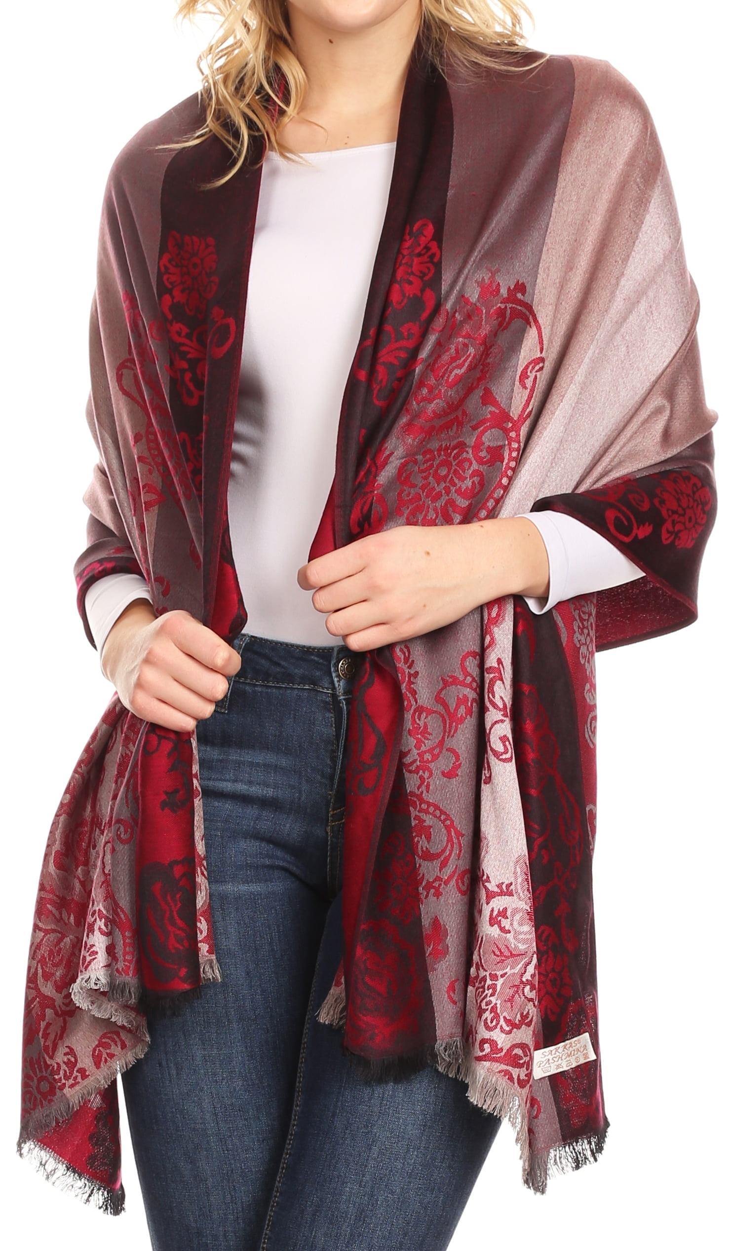 Sakkas Damari Women's Silky Soft Reversible Border Woven Pashmina Scarf  Shawl Wrap - Burgundy - One Size Regular 