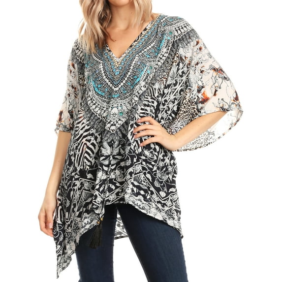 Sakkas Danis Women's Oversized Casual Pullover V-neck Short Sleeve Boho Top Blouse - TRBK243-Black - One Size