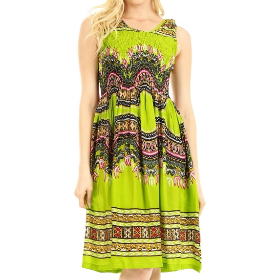 Sakkas Darcia Women's Casual Summer Cocktail Elastic Stretchy Dashiki Print Dress - Green - One Size