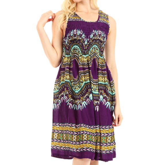 Sakkas Darcia Women's Casual Summer Cocktail Elastic Stretchy Dashiki Print Dress - Purple - One Size