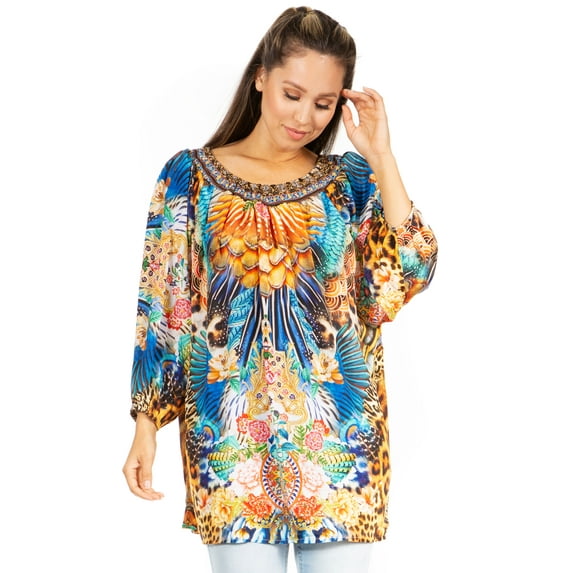 Sakkas Darsy Women's Pirate Boho Loose Floral Print Top Blouse Long Sleeve Trendy - 561-Blue - L/XL