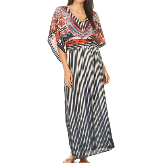 Sakkas Delma Women's Long Maxi Column V-neck Short Sleeve Slim Dress with Print - TRBK252-Black - One Size Regular