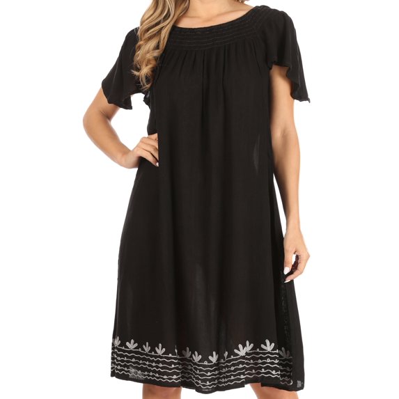 Sakkas Desma Women Casual Loose Summer off Shoulder Midi Boho Dress Cover-up - Black - One Size