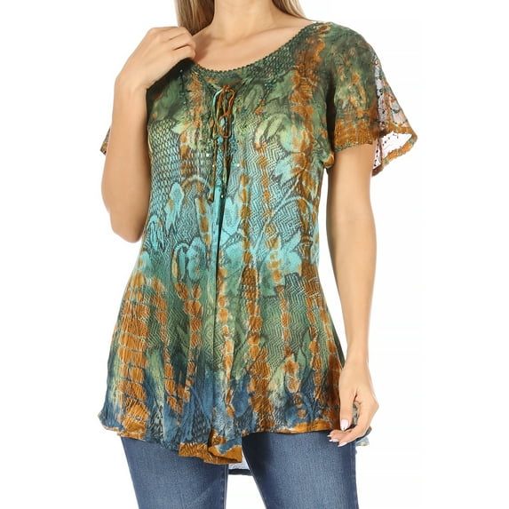 Sakkas Dina Relaxed Fit Sequin Tie Dye Embroidery Cap Sleeves Blouse / Top - Green - One Size Regular