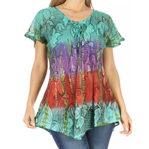 Sakkas Dina Relaxed Fit Sequin Tie Dye Embroidery Cap Sleeves Blouse / Top - Turquoise - One Size Regular