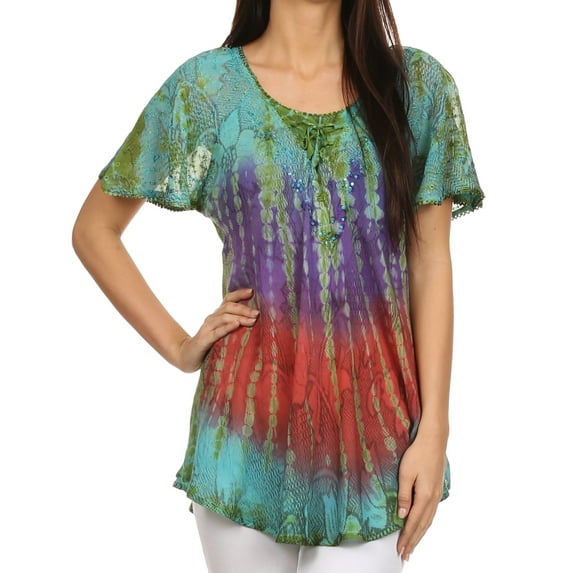Sakkas Dina Relaxed Fit Sequin Tie Dye Embroidery Cap Sleeves Blouse / Top - Turquoise / Red - One Size