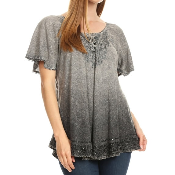 Sakkas Donna Women's Casual Lace Short Sleeve Tie Dye Corset Loose Top Blouse - 19200-Gray - One Size