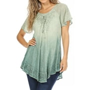 Sakkas Donna Women's Casual Lace Short Sleeve Tie Dye Corset Loose Top Blouse - 19200-Green - One Size
