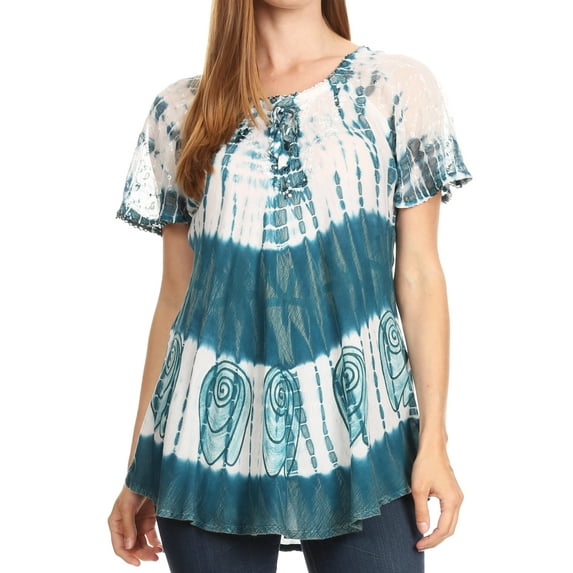 Sakkas Donna Women's Casual Lace Short Sleeve Tie Dye Corset Loose Top Blouse - 19202-Teal - Plus Size