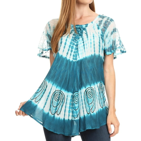 Sakkas Donna Women's Casual Lace Short Sleeve Tie Dye Corset Loose Top Blouse - 19202-Turq - One Size