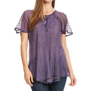 Sakkas Donna Women's Casual Lace Short Sleeve Tie Dye Corset Loose Top Blouse - 19203-Purple - One Size