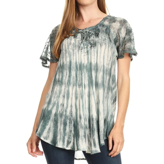 Sakkas Donna Women's Casual Lace Short Sleeve Tie Dye Corset Loose Top Blouse - 19214-Gray - One Size