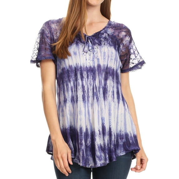 Sakkas Donna Women's Casual Lace Short Sleeve Tie Dye Corset Loose Top Blouse - 19214-Violet - Plus Size