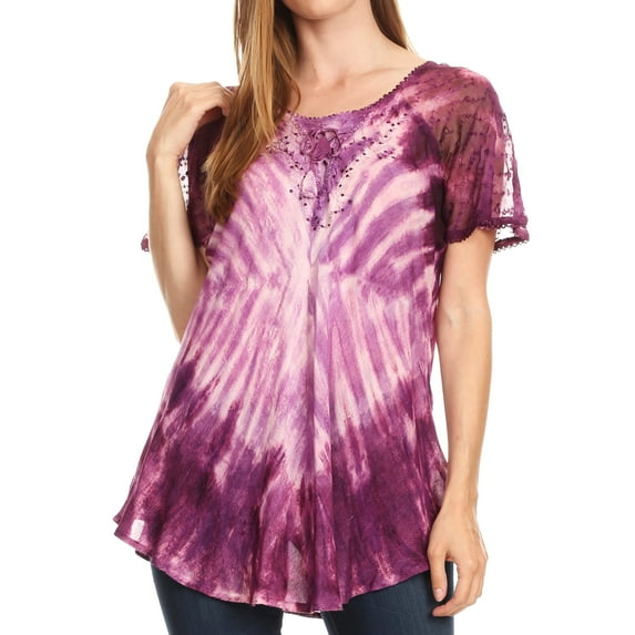 Sakkas Donna Women's Casual Lace Short Sleeve Tie Dye Corset Loose Top Blouse - Plum - One Size