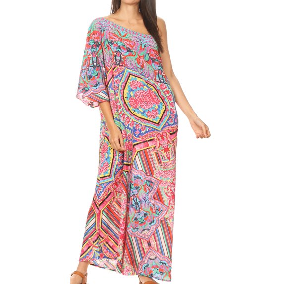 Sakkas Dora Women's One Shoulder Short Sleeve Casual Elegant Maxi Dress with Print - ORM286-Multi - One Size Regular