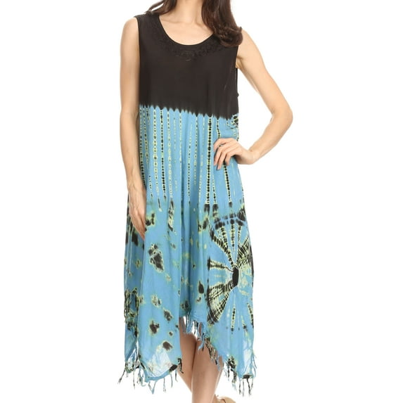 Sakkas Dori Women's Long Sleeves Casual Loose Swing Midi Dress Caftan Cover-up - BlackSkyBlue - One Size Regular