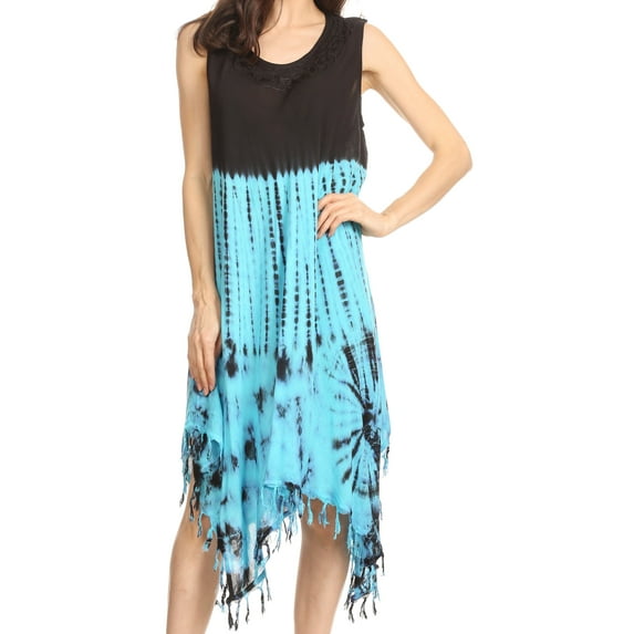 Sakkas Dori Women's Long Sleeves Casual Loose Swing Midi Dress Caftan Cover-up - BlackTurquoise - One Size Plus