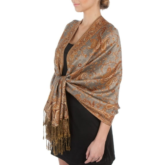 Sakkas Double Layer Jacquard Paisley Pashmina Shawl / Wrap / Stole - Grey / Copper Brown - One Size
