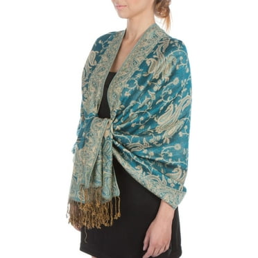 Sakkas Double Layer Jacquard Paisley Pashmina Shawl / Wrap / Stole - Teal / Gold - One Size