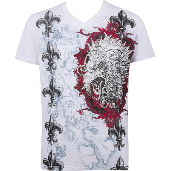 Sakkas Eagle Head Metallic Silver Embossed Short Sleeve V-Neck Cotton Mens Fashion T-Shirt - White - Small