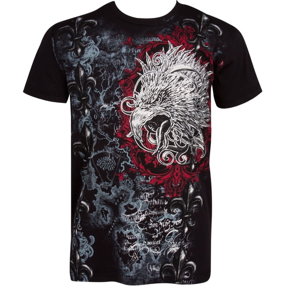 Sakkas Eagle Head and Fleur de Lis Metallic Silver Embossed Cotton Mens T-Shirt - Black - 2XL