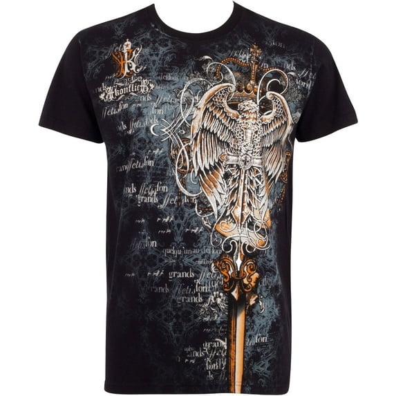 Sakkas Eagle Perched on a Sword Metallic Silver Embossed Cotton Mens T-Shirt - Black - Large